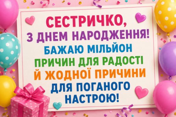 Веселі привітання з днем народження сестрі картинка
